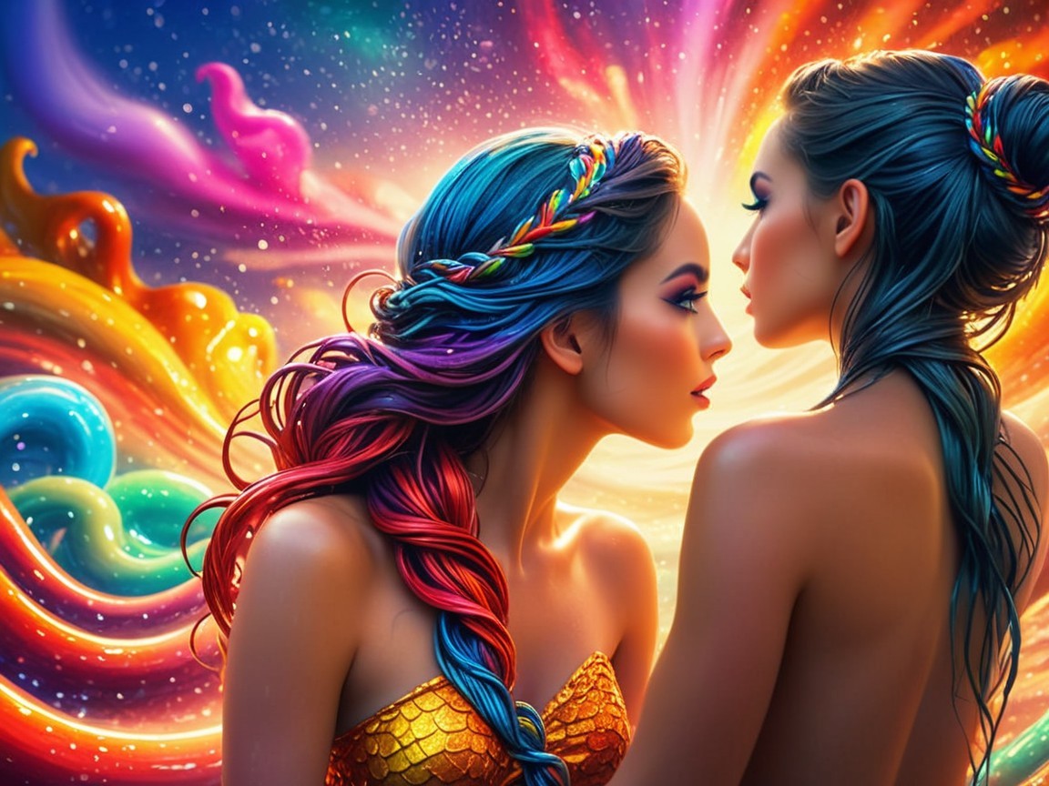 Ethereal Figures with Colorful Hair in Cosmic Setting