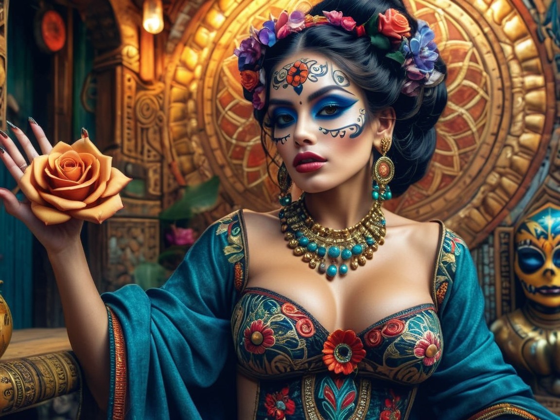 Elegant Woman in Vibrant Traditional Attire with Flowers