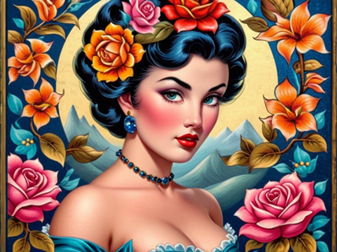 Vintage Illustration of Glamorous Woman with Blue Hair