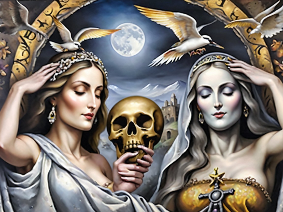 Elegantly Dressed Women in Mystical Moonlit Scene