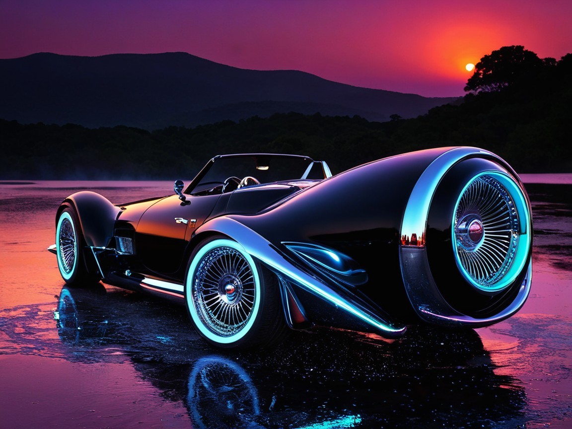 Futuristic Car Design Against Vibrant Sunset Backdrop