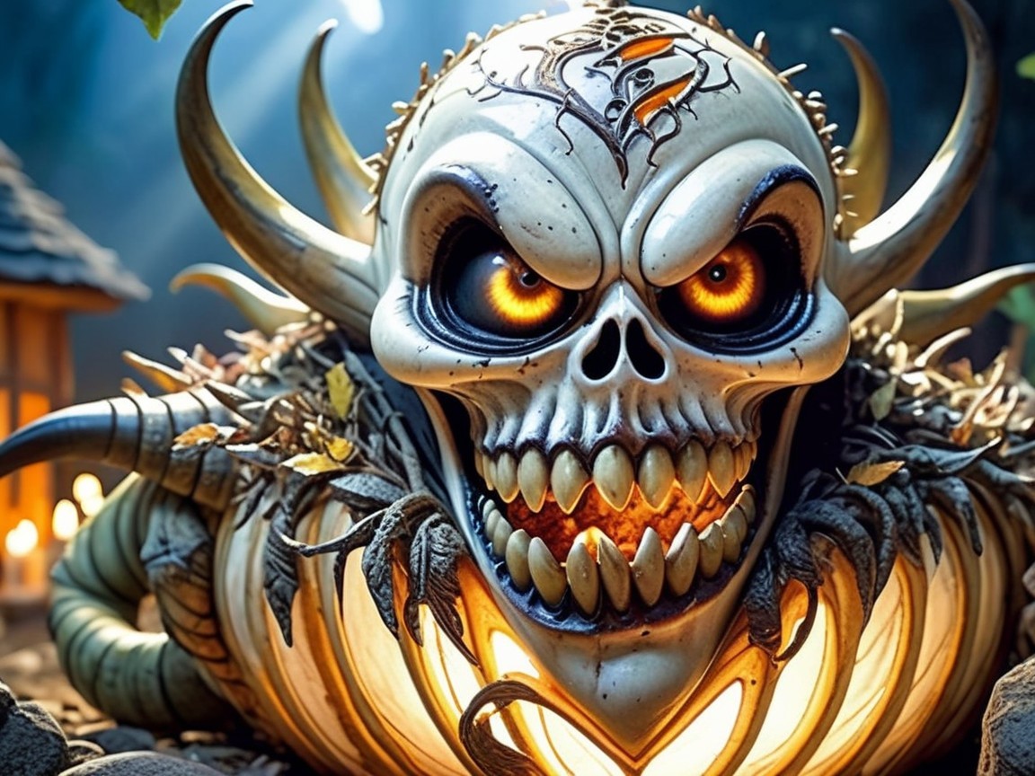 Menacing creature with skull face in eerie forest