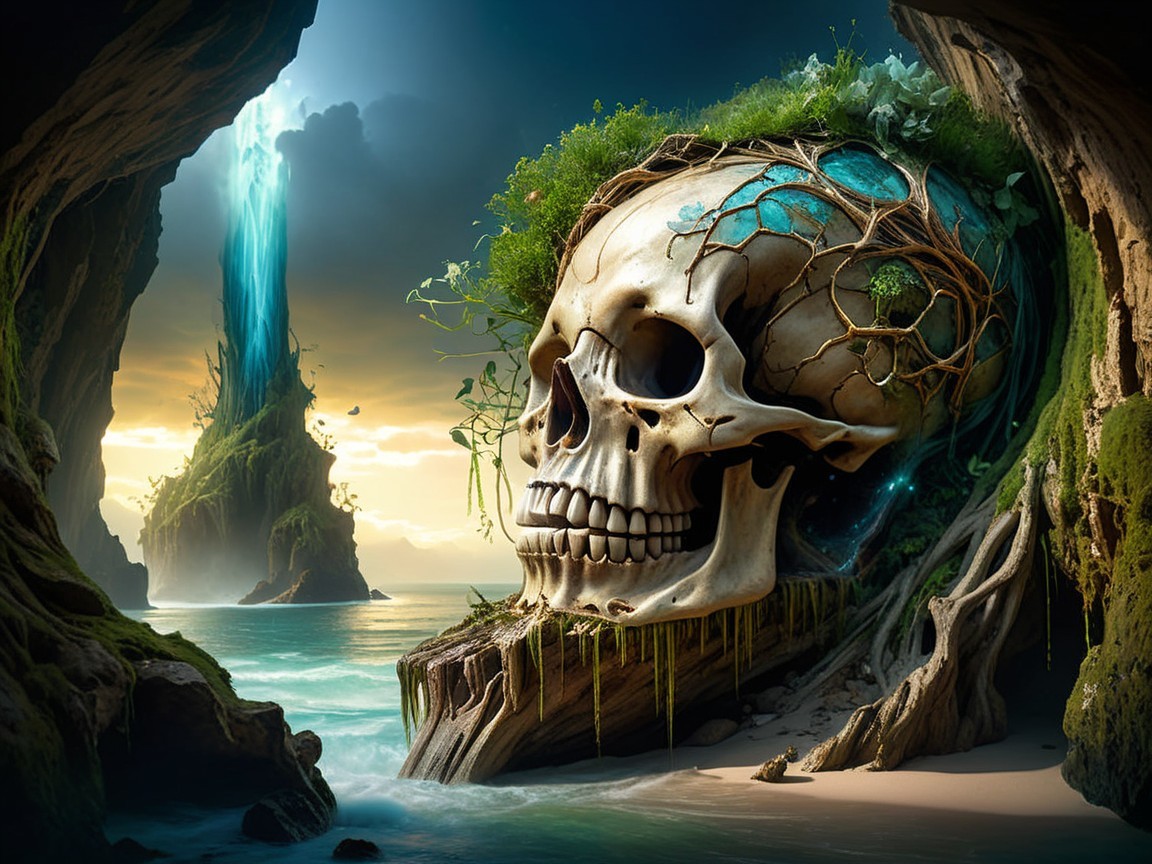 Weathered Skull in Tropical Landscape with Waterfall