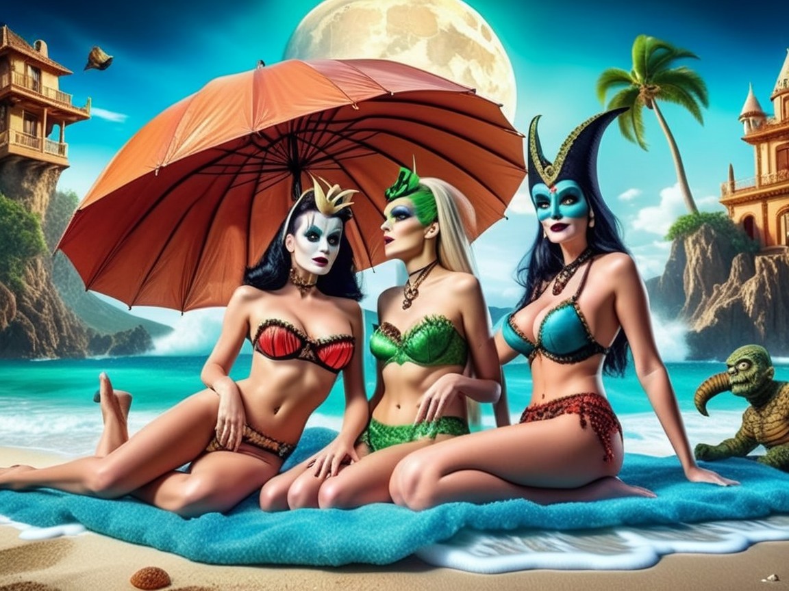 Glamorous Women in Themed Swimwear on Beach at Night