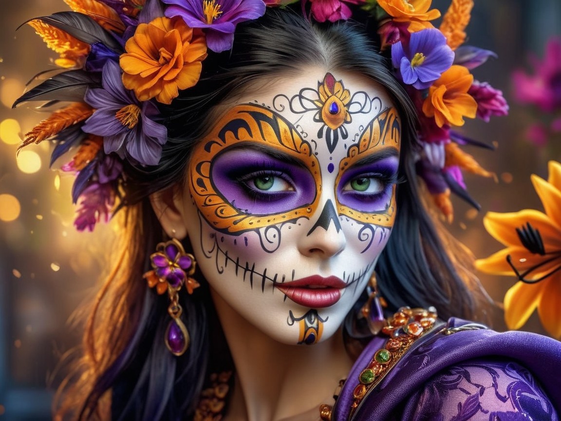 Woman with Día de los Muertos face paint and floral crown