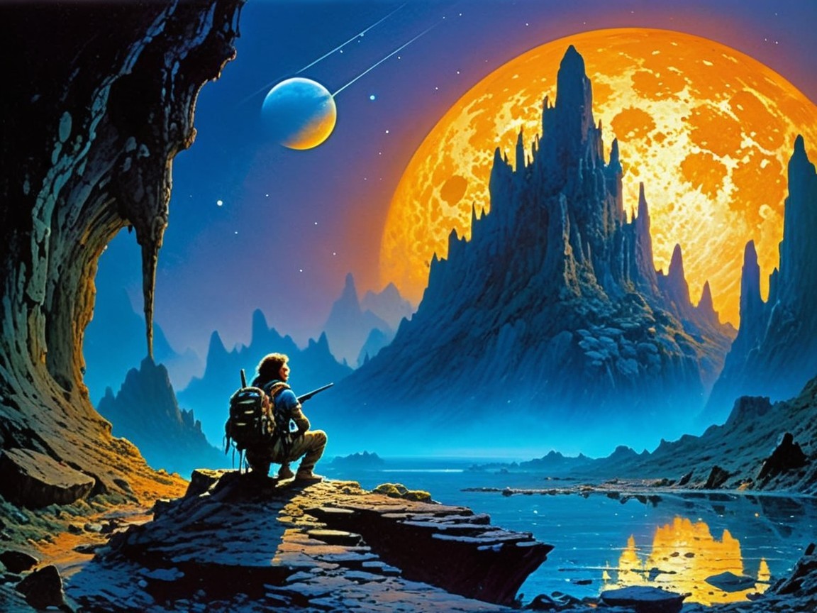 Lone Figure on Rocky Shore Under Vibrant Moonlight