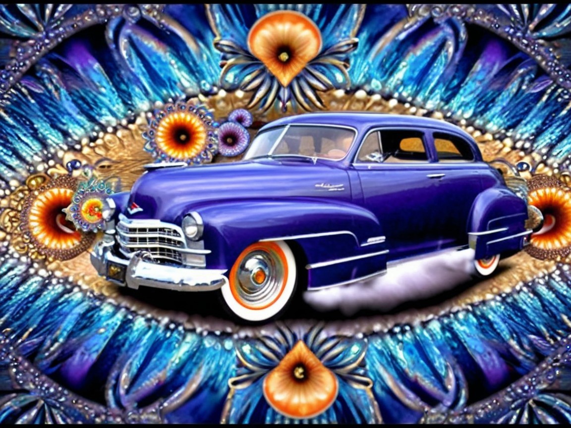 Vintage Purple Car in a Psychedelic Floral Setting