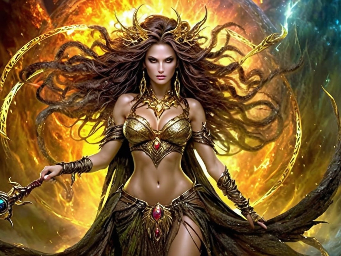 Ethereal Woman in Golden Armor Against Cosmic Backdrop