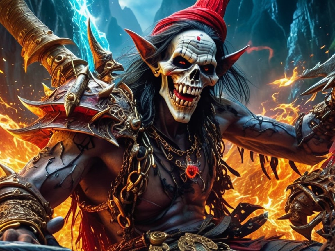Skeletal warrior in armor amidst a fiery landscape