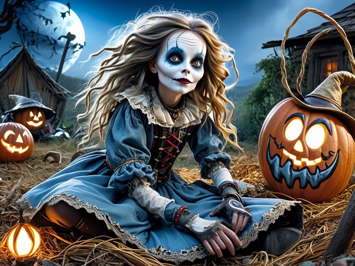 Whimsical Halloween Scene with Skull Face and Pumpkins