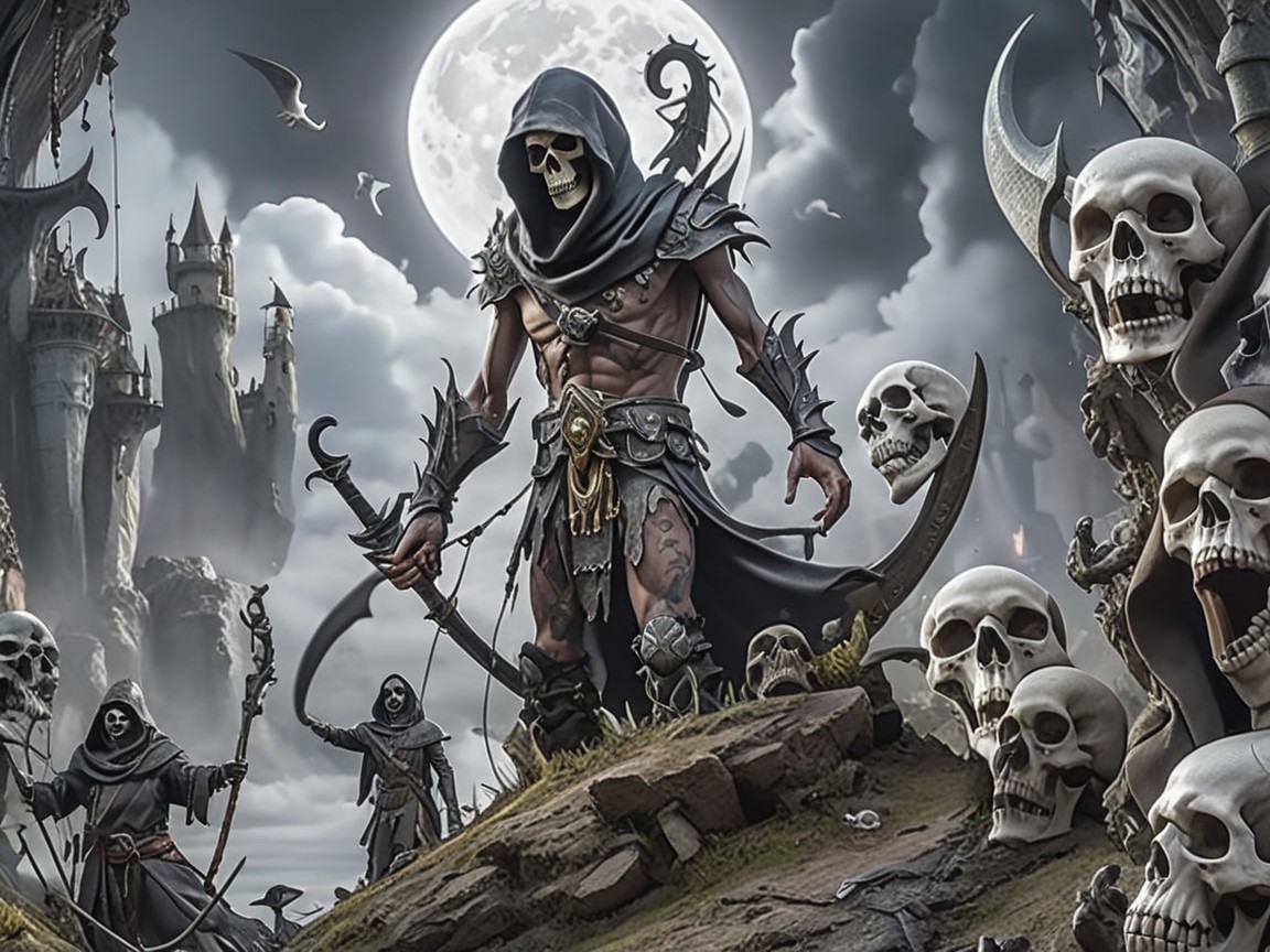 Skeletal Figure in Cloak with Scythe Under Full Moon