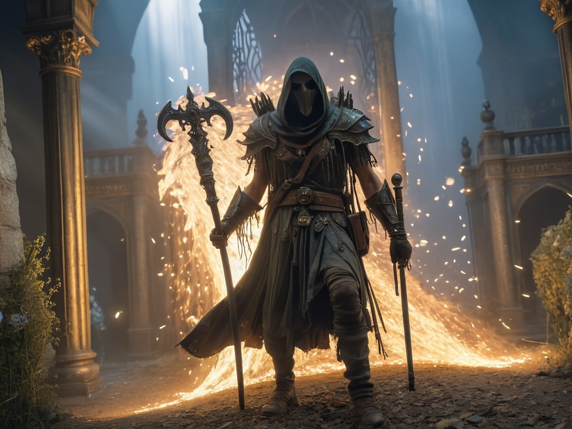 Cloaked Figure in Dimly Lit Ornate Hall with Flames