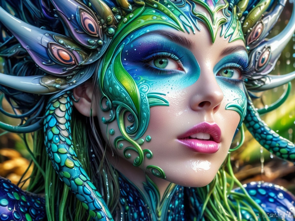 Portrait of a woman with vibrant marine-inspired body art