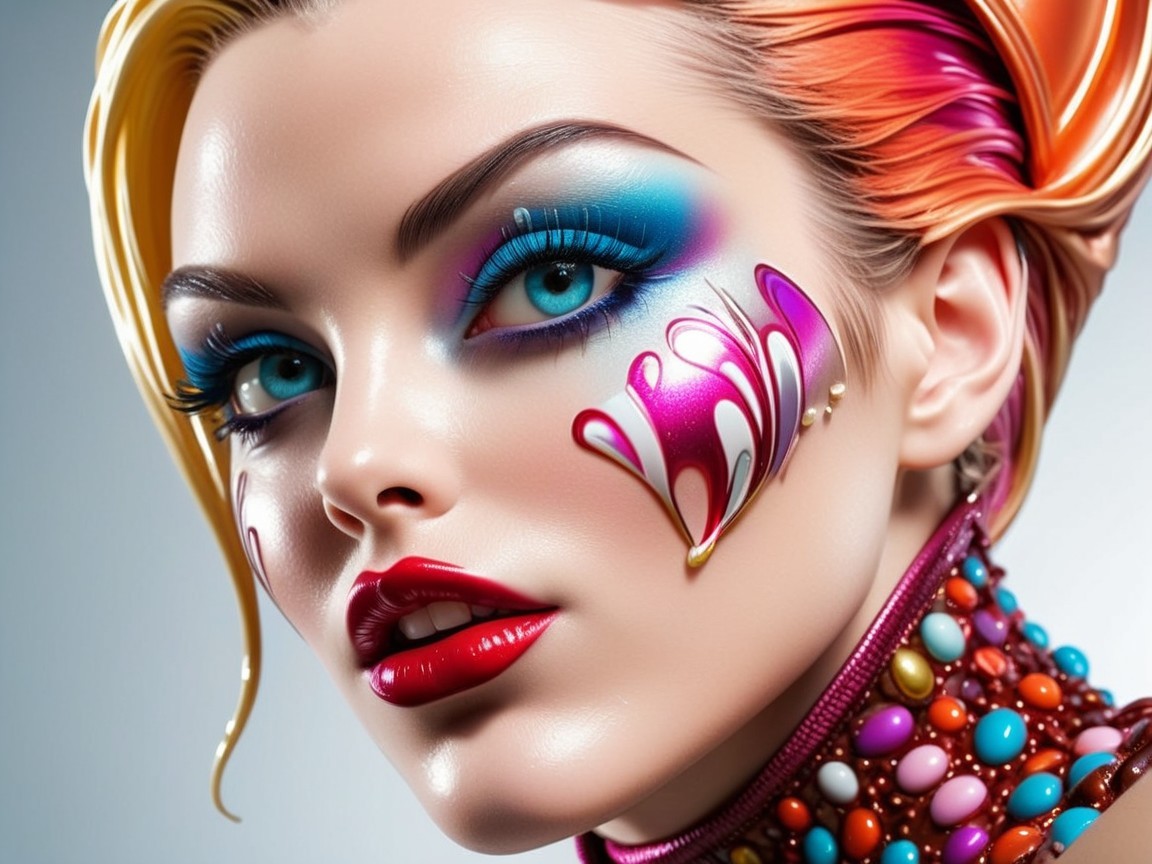 Close-up of Model with Artistic Makeup and Floral Patterns