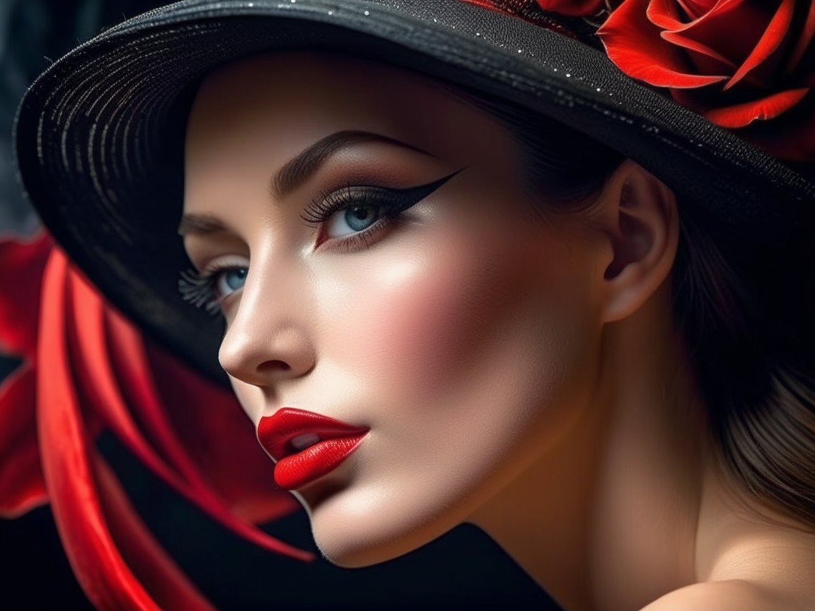 Portrait of a Woman with Bold Makeup and Hat