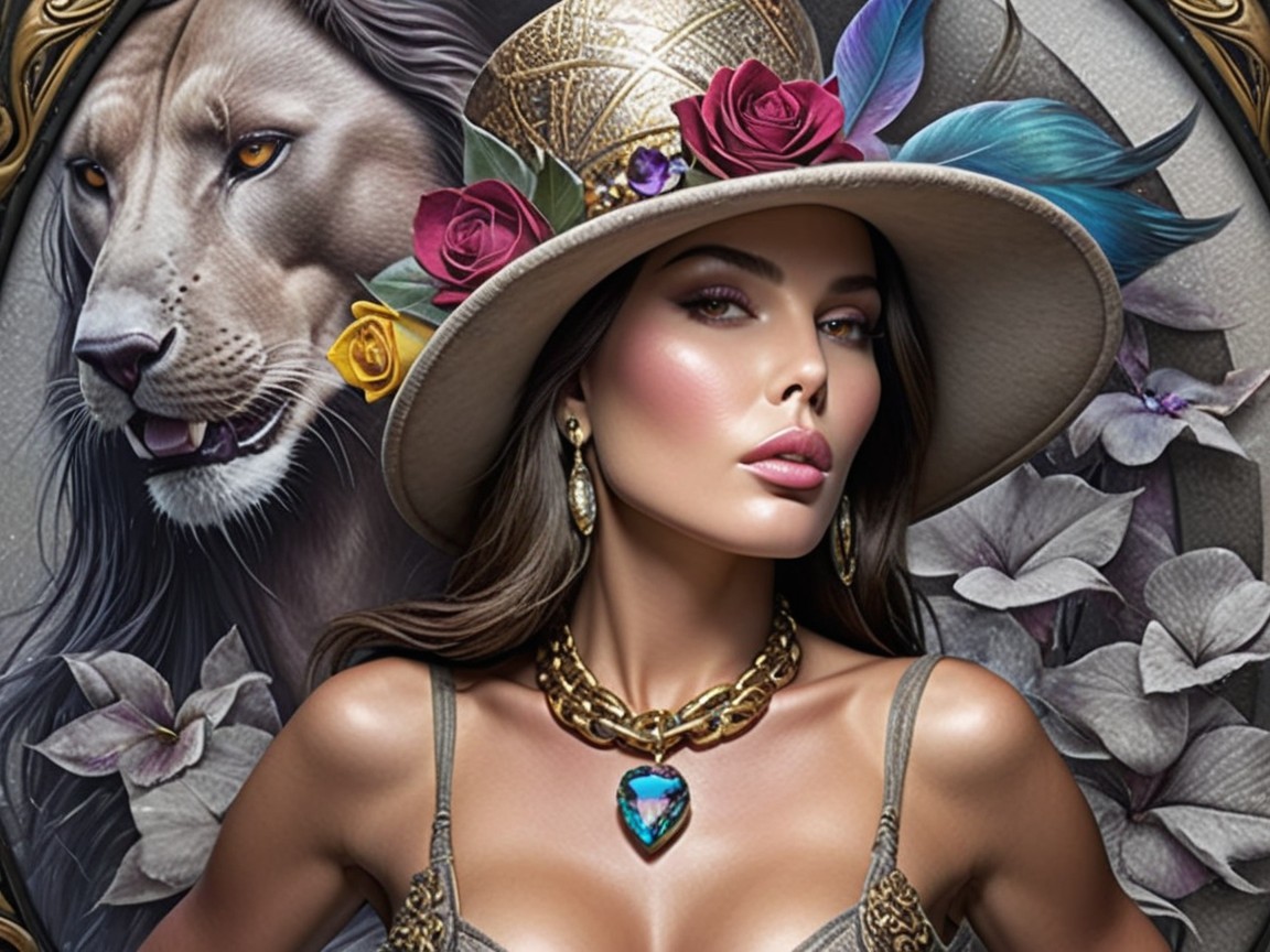 Glamorous Woman with Lion and Floral Background