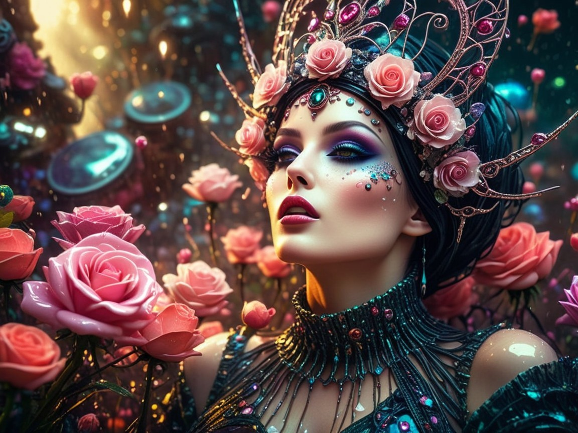 Elegant woman in crown amidst blooming roses