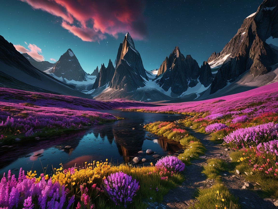 Majestic Mountain Landscape with Serene Pond and Flowers
