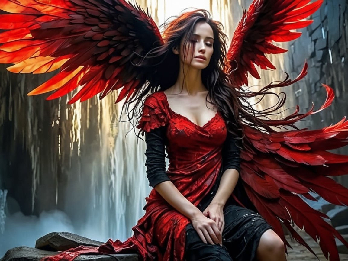 Young Woman in Red Dress with Fiery Wings by Waterfall