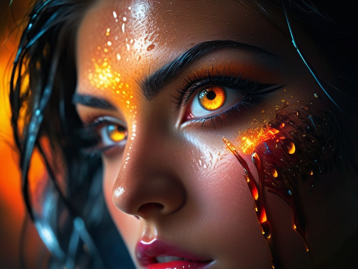 Close-up of a woman's face with glowing orange features