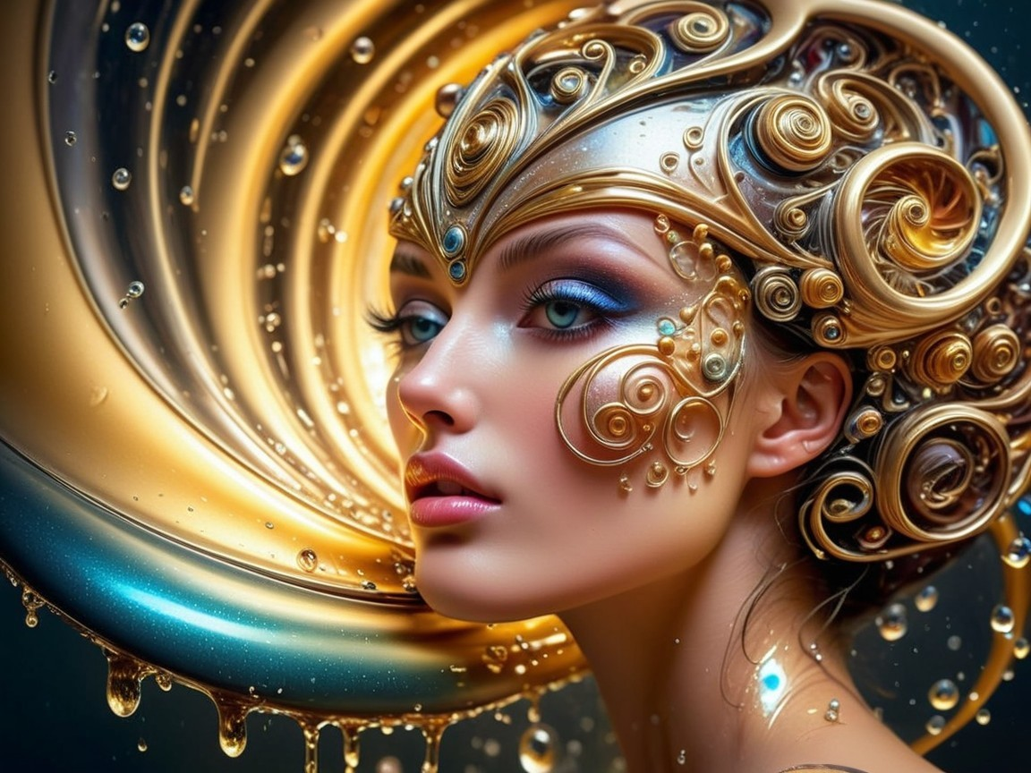 Close-up of a woman's face with golden spiral hair