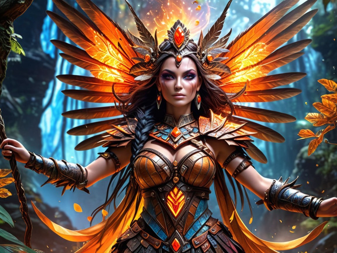 Fierce warrior in jungle with glowing wings and armor
