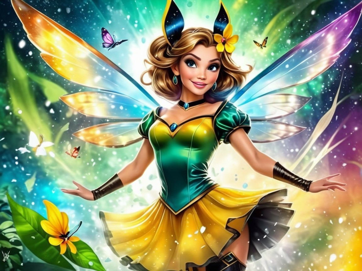 Cheerful fairy with shimmering wings in vibrant nature