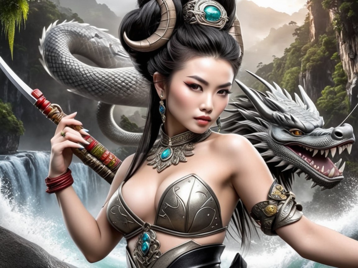 Fierce Warrior Woman in Ornate Armor with Dragon