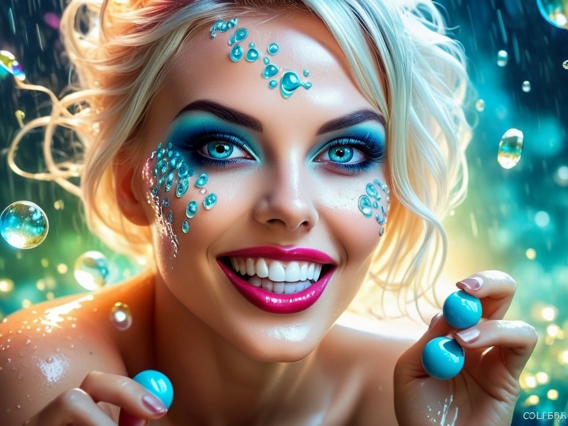 Radiant Woman with Blue Makeup and Colorful Bubbles