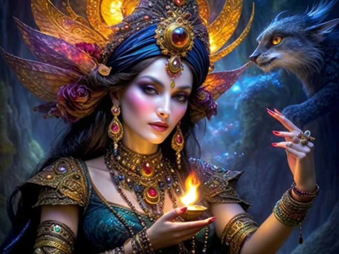 Mystical woman with jewelry and glowing oil lamp in forest