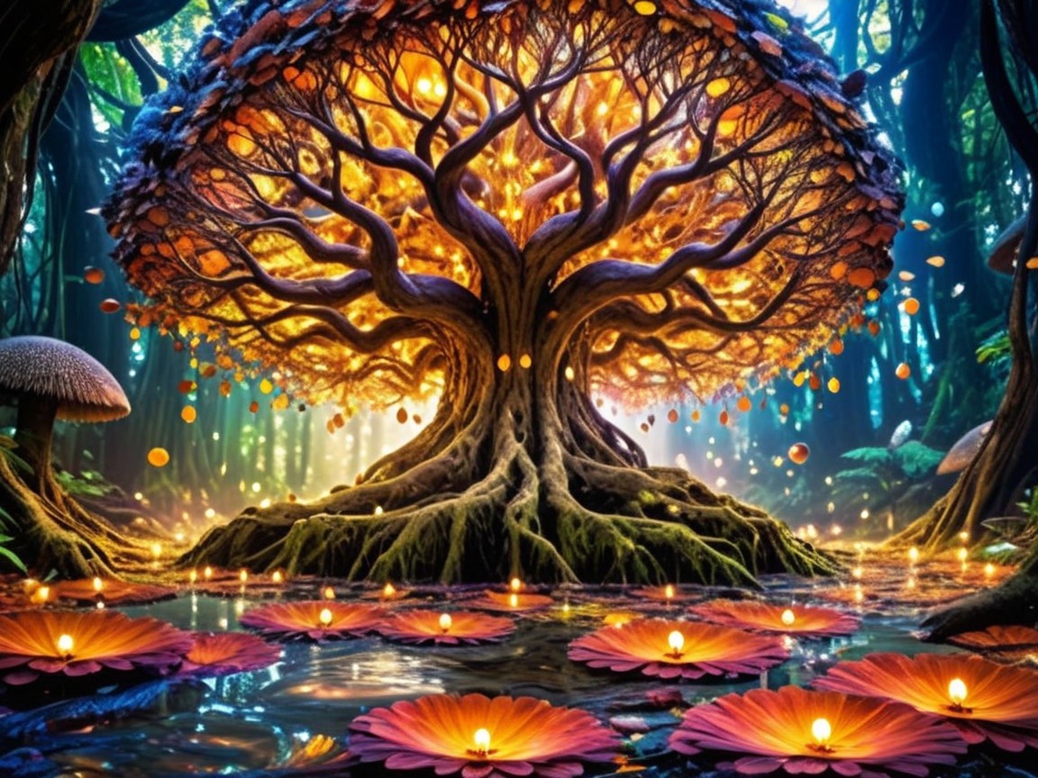 Majestic Tree with Vibrant Leaves in Enchanted Forest