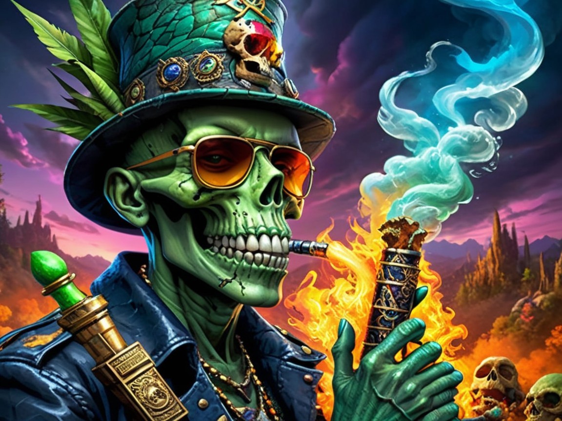 Vibrant green skeleton in stylish attire with smoke