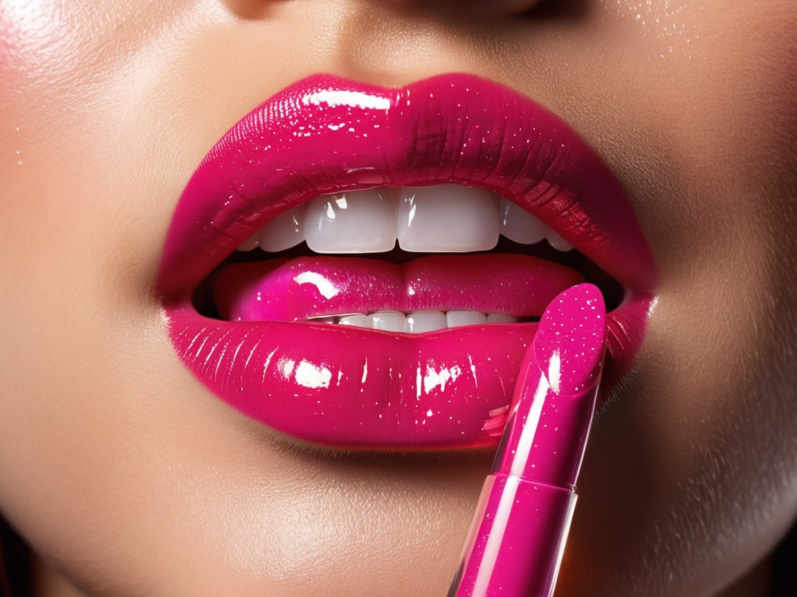 Close-up of Glossy Hot Pink Lips with Lipstick