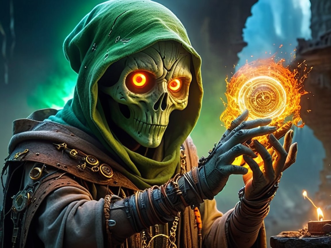 Mysterious figure with glowing eyes in ancient landscape