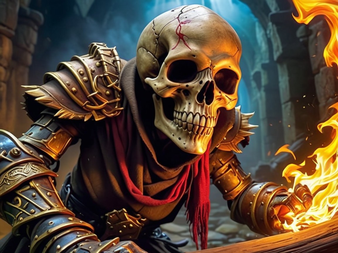 Skeleton Warrior in Ornate Armor with Flame