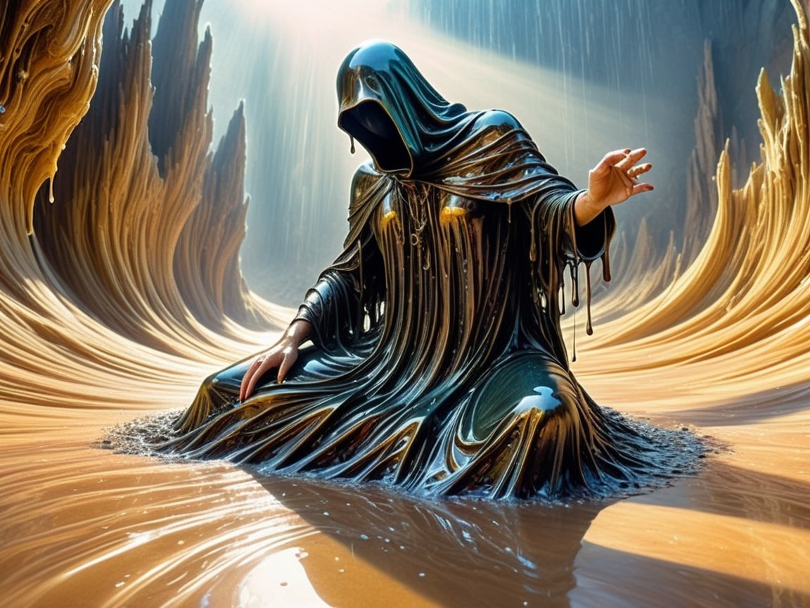 Mysterious Figure in Cloak in Surreal Landscape
