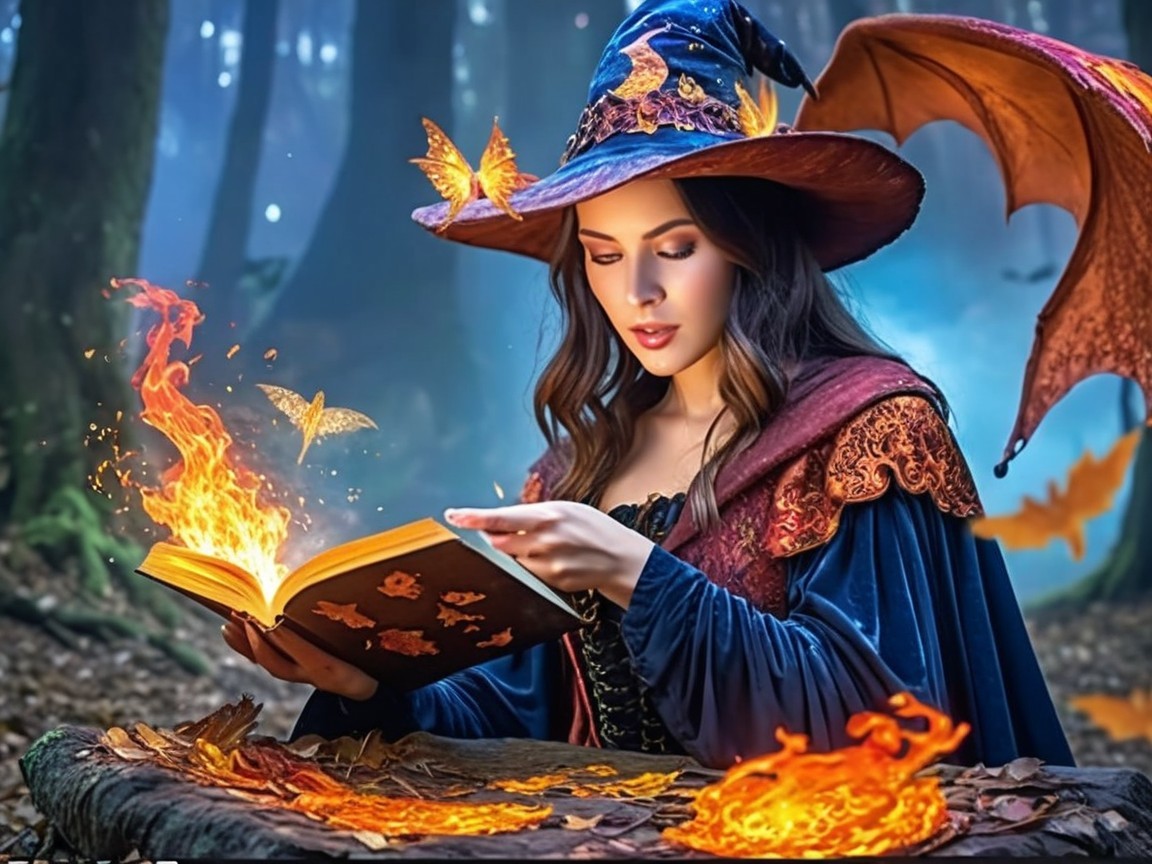 Young Woman in Witch Outfit Reading in Enchanted Forest