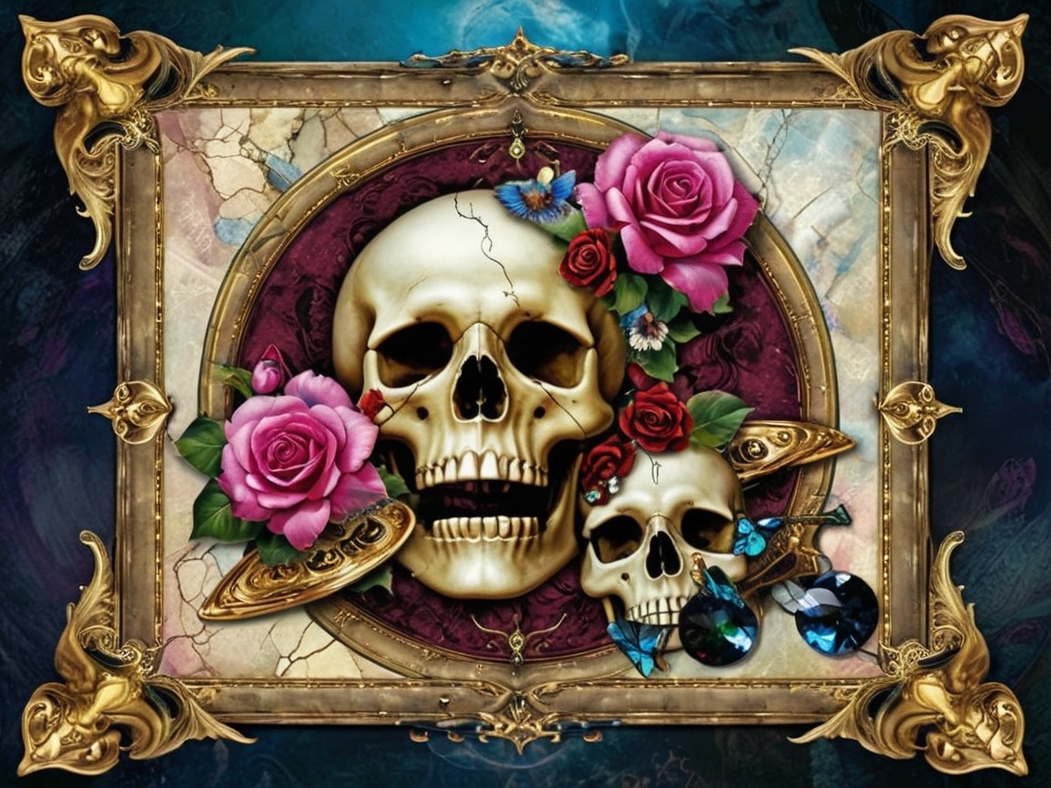 Ornate Frame with Skulls and Vibrant Roses Design