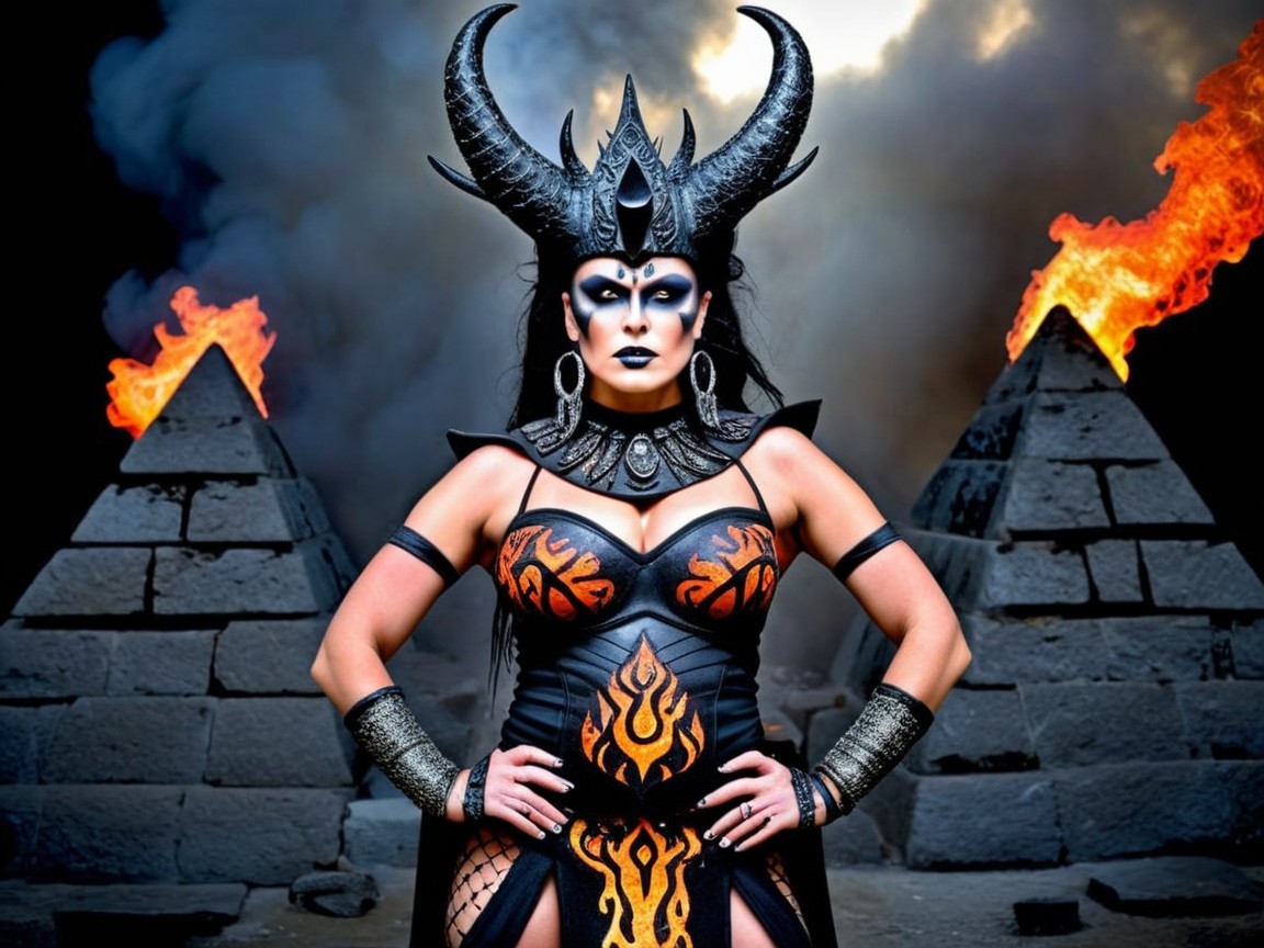 Fierce figure before pyramids with smoke and flames