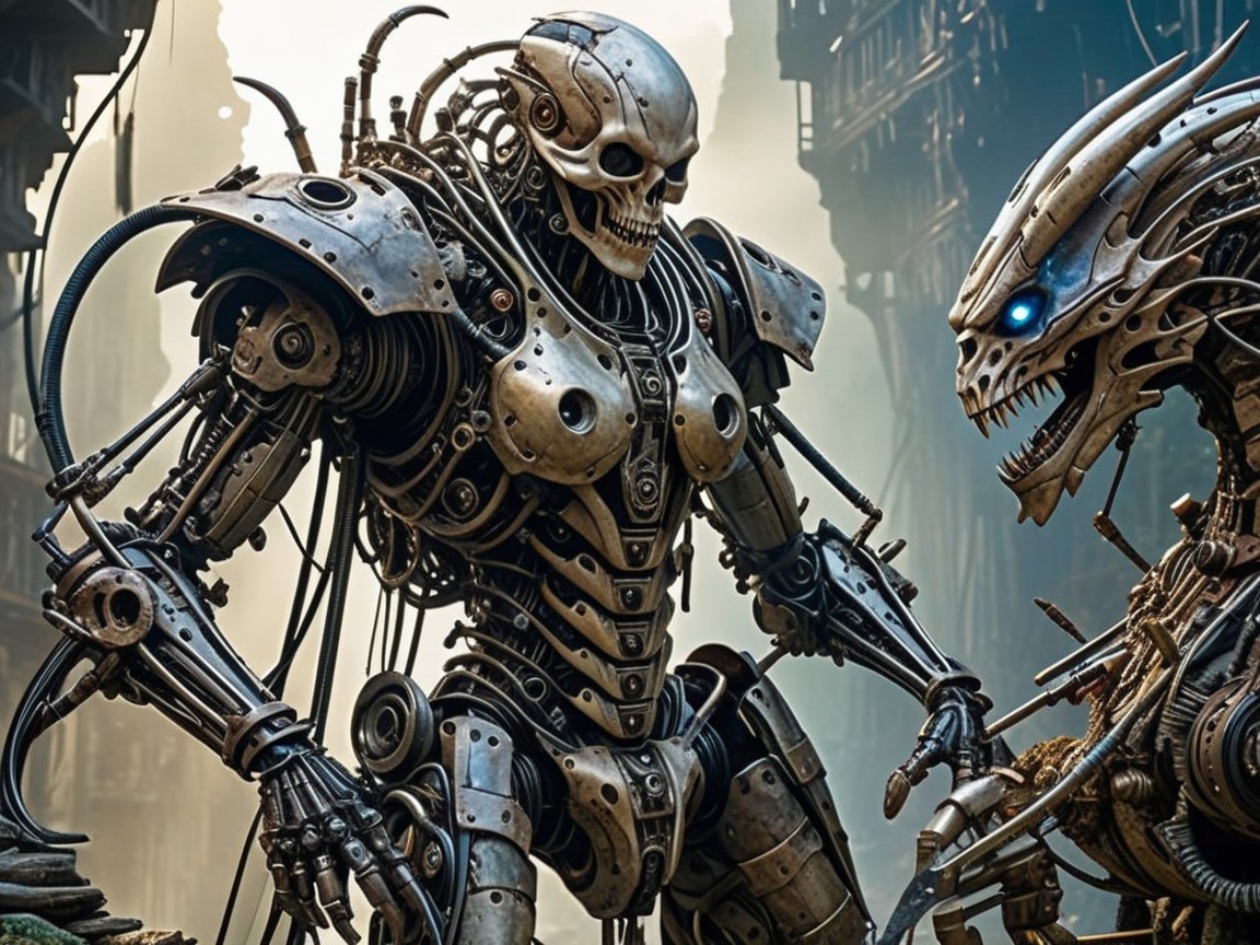 Futuristic humanoid robot in dystopian landscape