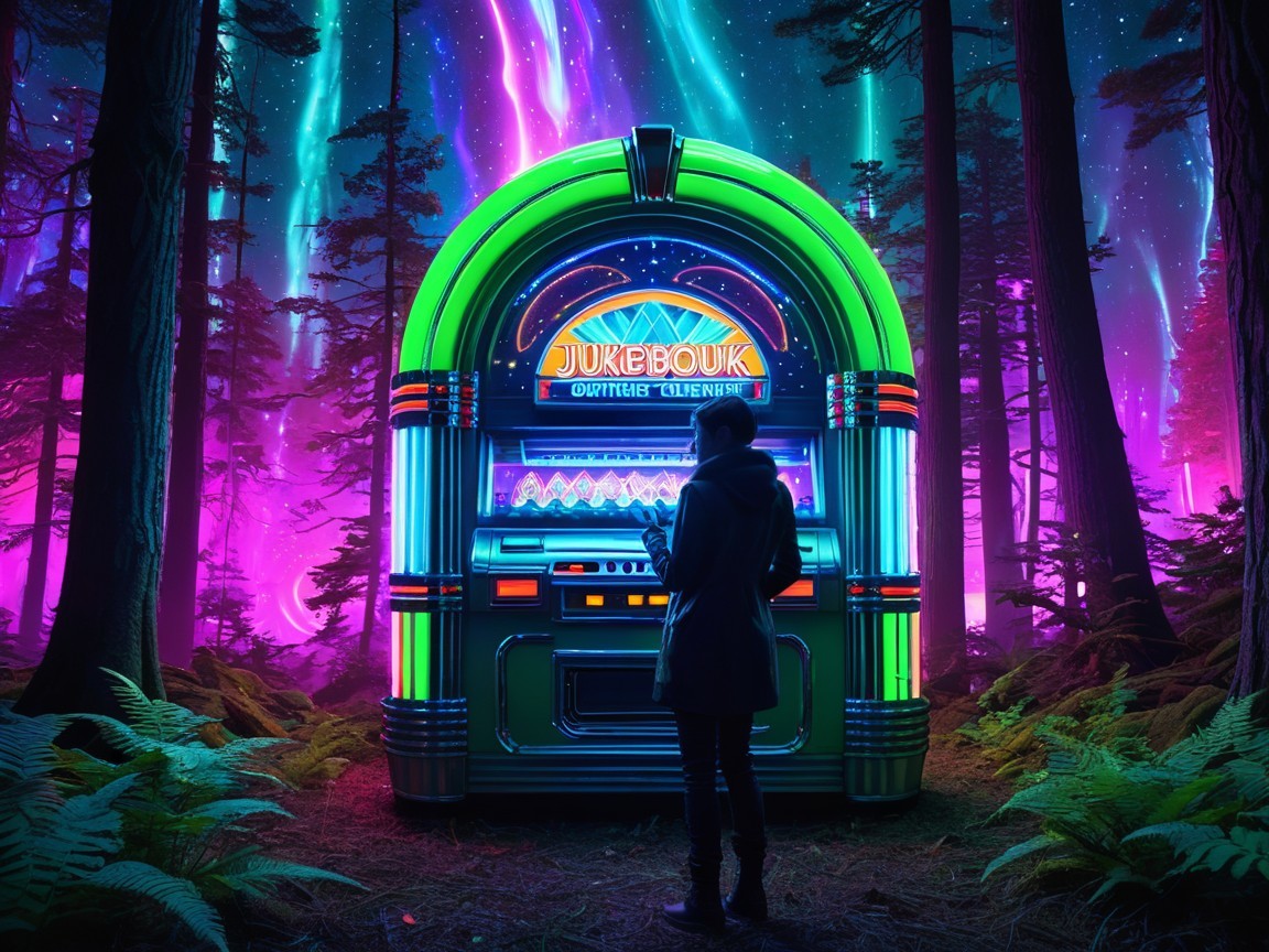 Vibrant Jukebox in a Mystical Forest Setting
