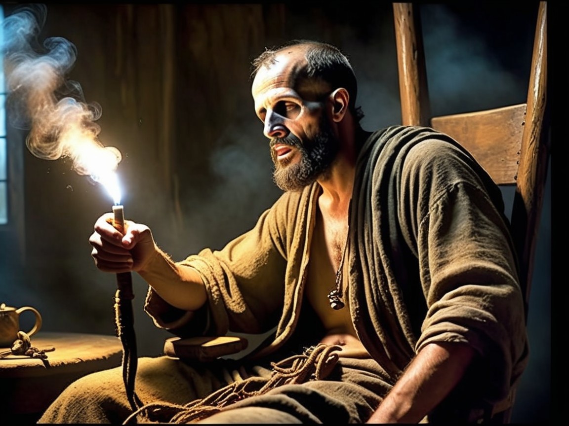 Man in dim room with torch and mysterious atmosphere