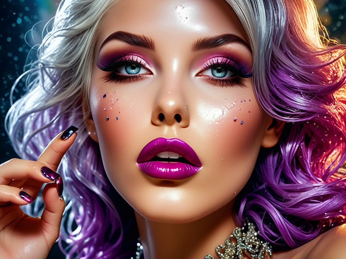 Glamorous Look with Purple Hair and Bold Makeup