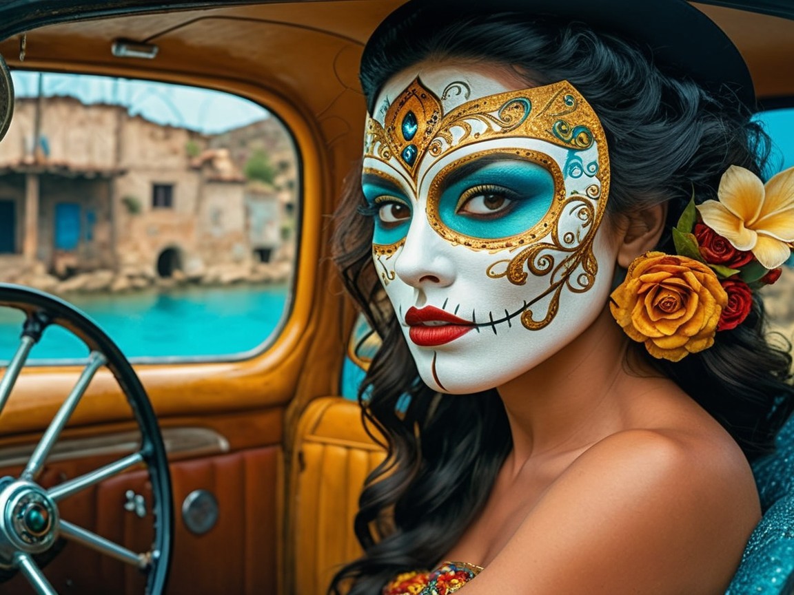 Woman with Sugar Skull Makeup in Vintage Car