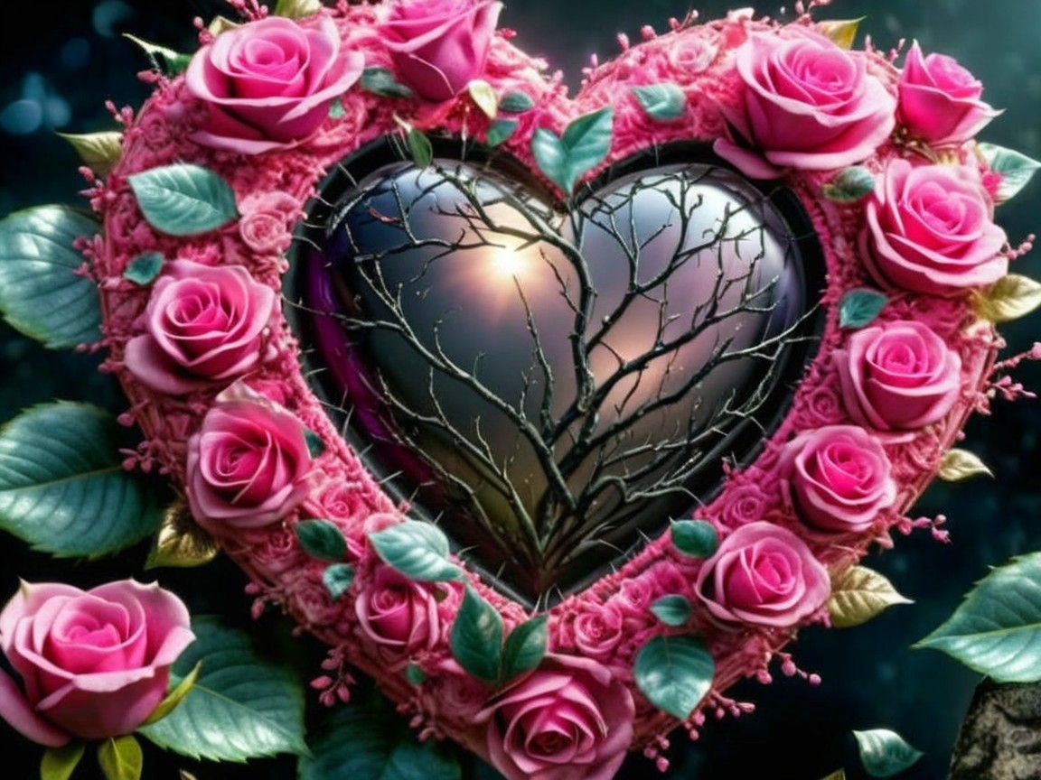 Heart Shape Framed by Pink Roses and Green Leaves