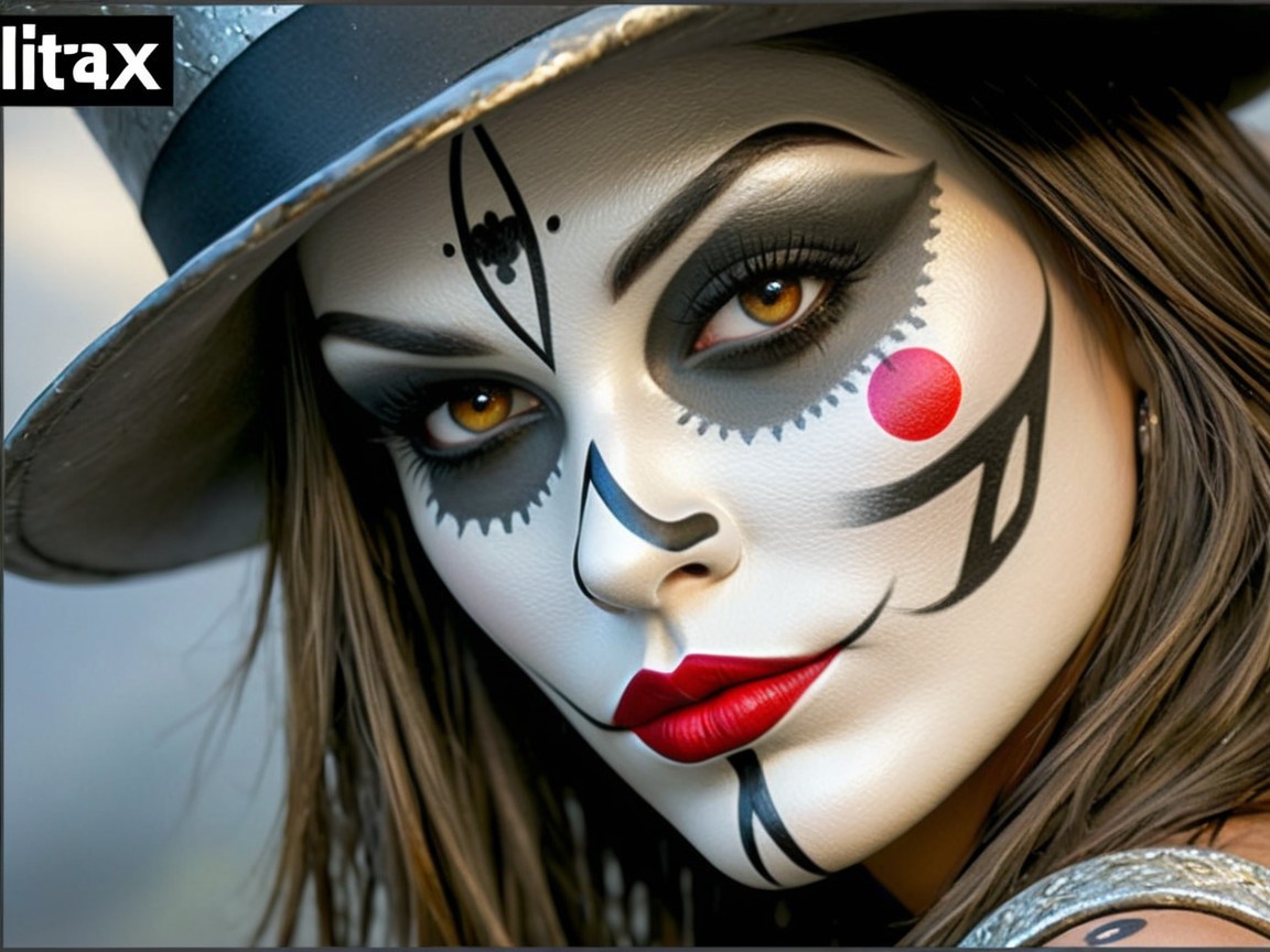 Portrait of a woman with dramatic clown-like makeup