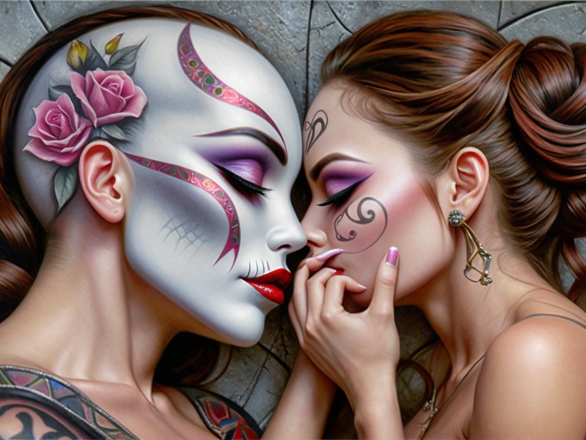 Close-Up of Two Women with Artistic Makeup Designs