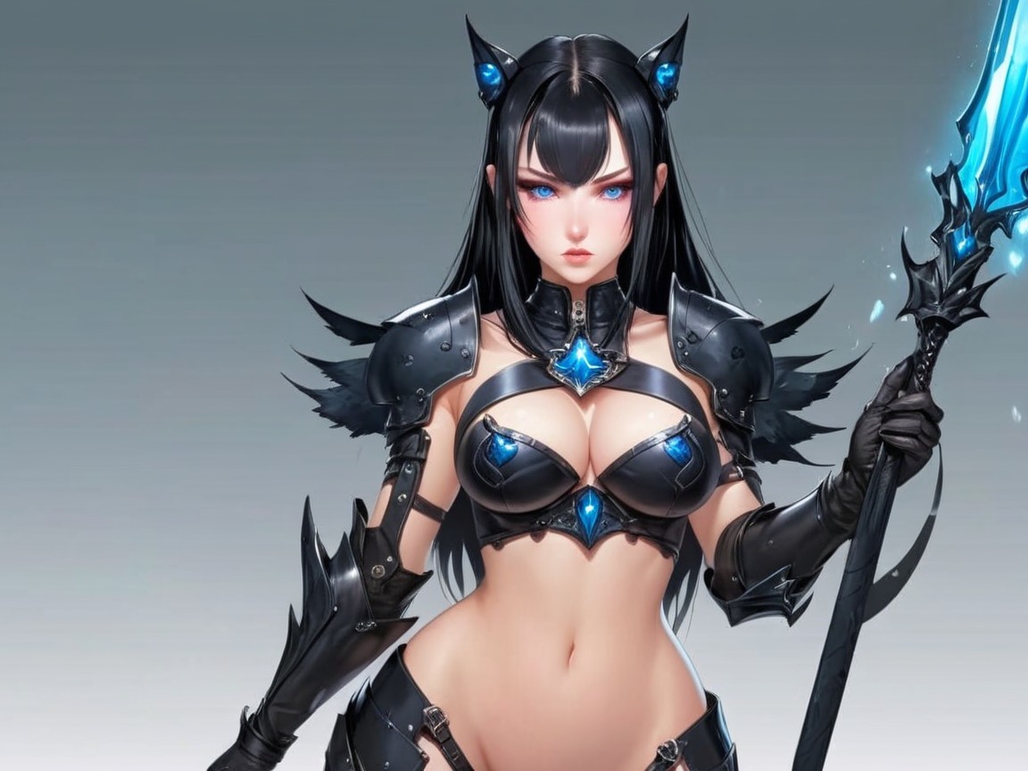 Female Character in Dark Armor with Blue Gemstones