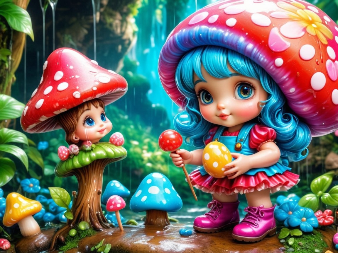 Magical Forest Scene with Colorful Mushrooms and Characters