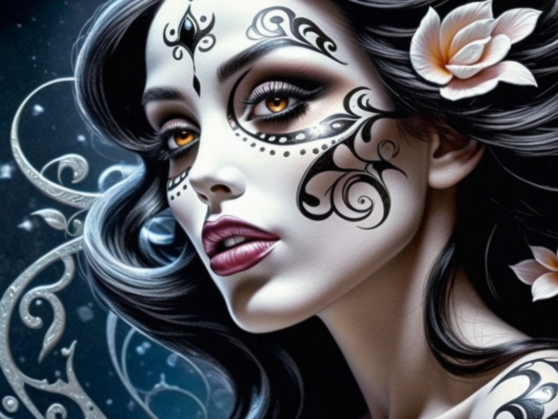 Woman with Sugar Skull Face Paint and Floral Hair